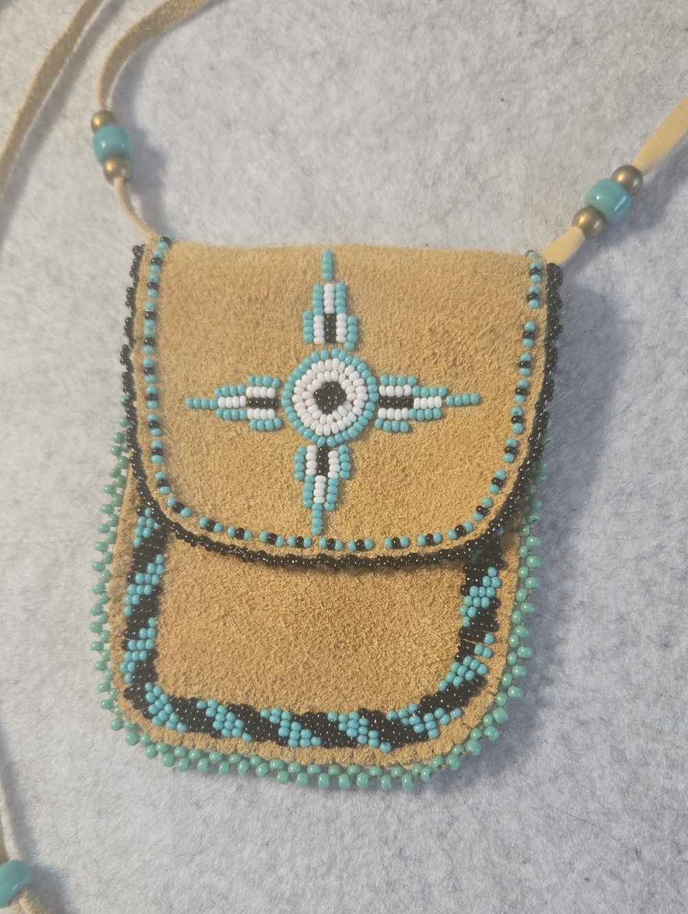 Beaded Deerskin Crossbody Bag - Turquoise Accent 4" X 3"